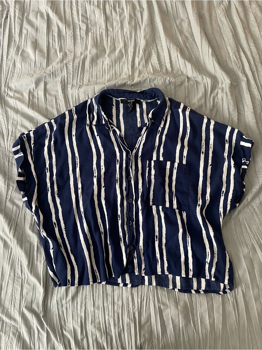 Forever21 - Navy & White Striped Short-Sleeve ButtonUp Shirt